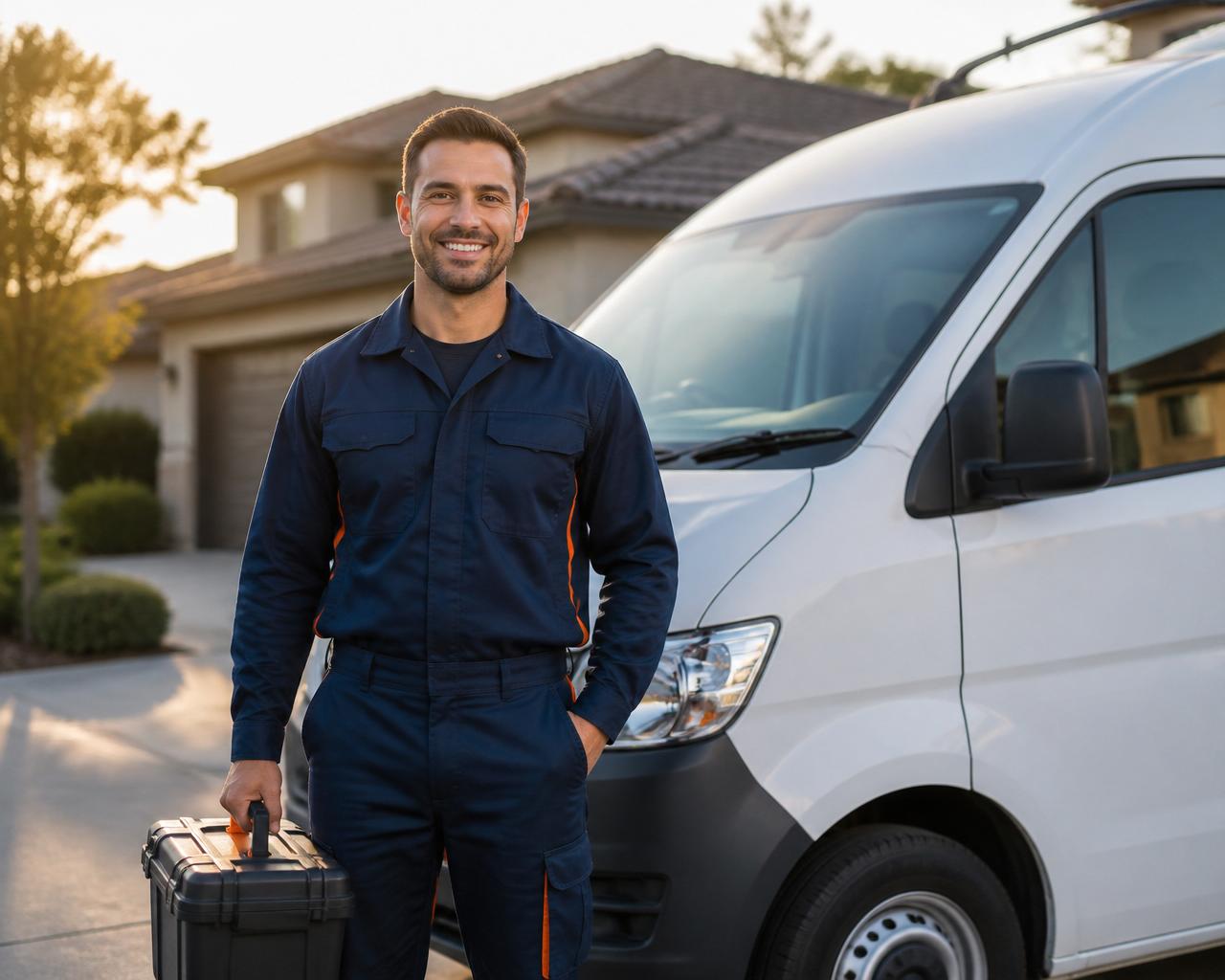 Friendly HVAC technician with toolbox standing by a service van ready for a home service call